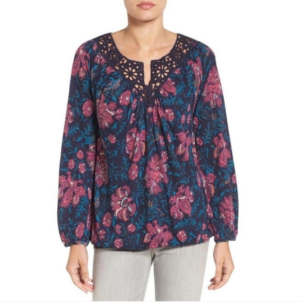 Lucky Brand Navy And Pink Floral Katie Embroidered Crochet Lace Yoke Top‎ Size M